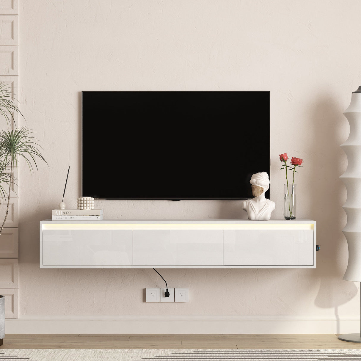 High-Gloss Suspended TV Cabinet with LED Lights