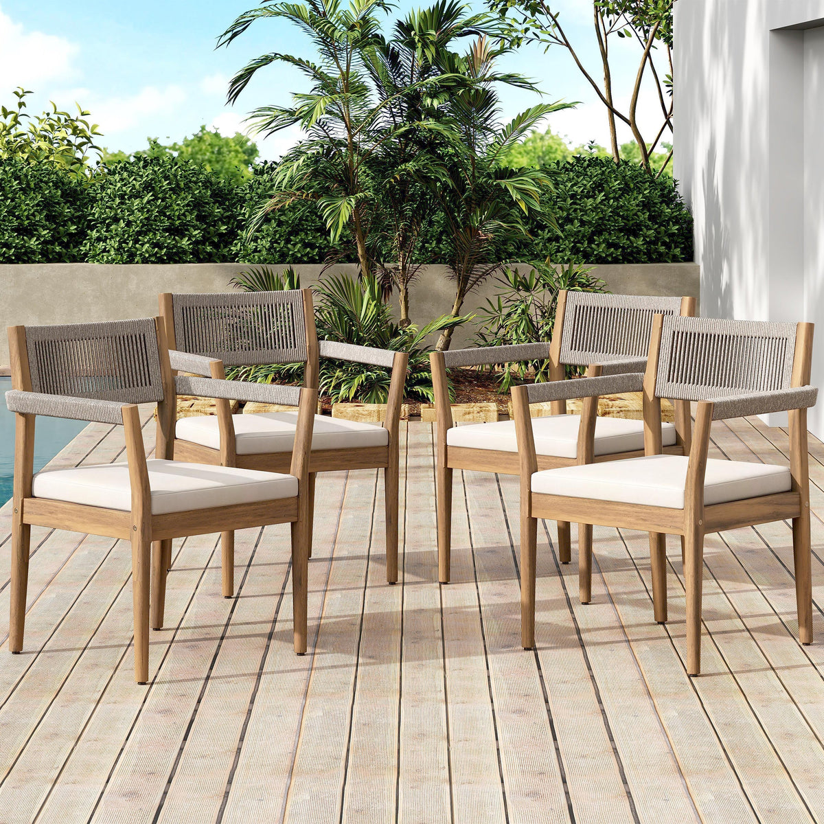 Braided Acacia Wood Outdoor Dining Chairs Set of 4 β Teak Look with Beige Rope & Cream Cushions