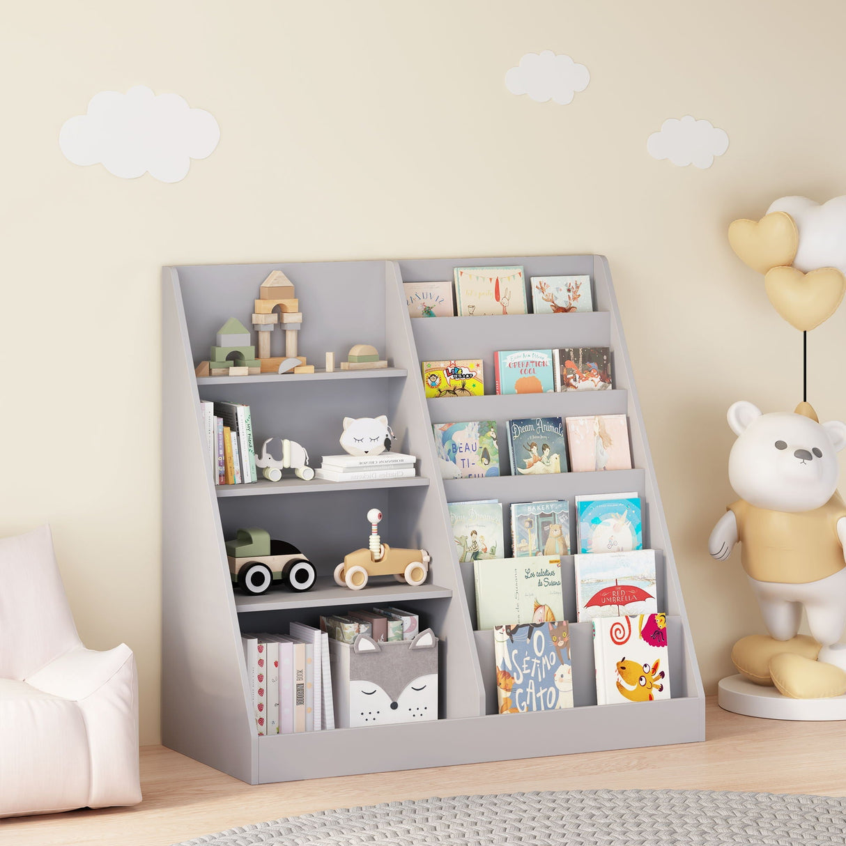 Bookshelf and Toy Storage Organizer, 4 Tier Bookcase with Display Stand for Playroom