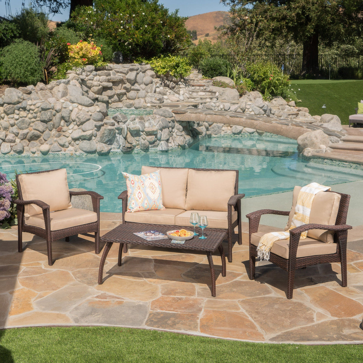 Honolulu 4PC PE Wicker Outdoor Seating Set in Brown and Tan