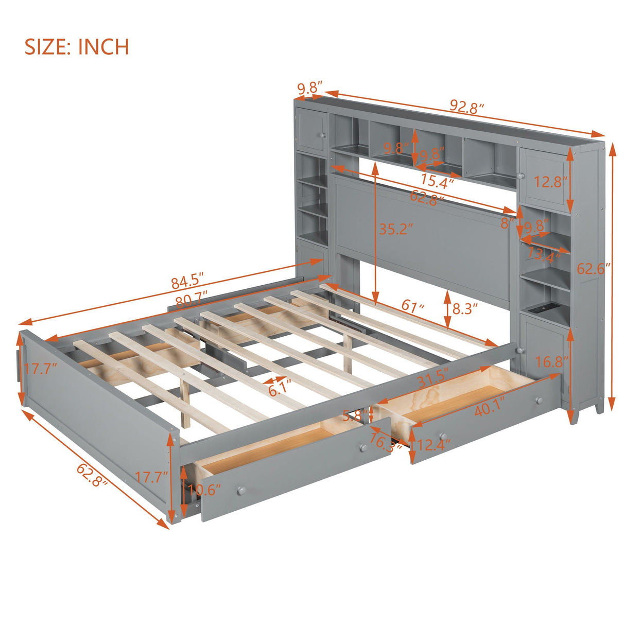 Bed With All In One Cabinet, Shelf And Sockets