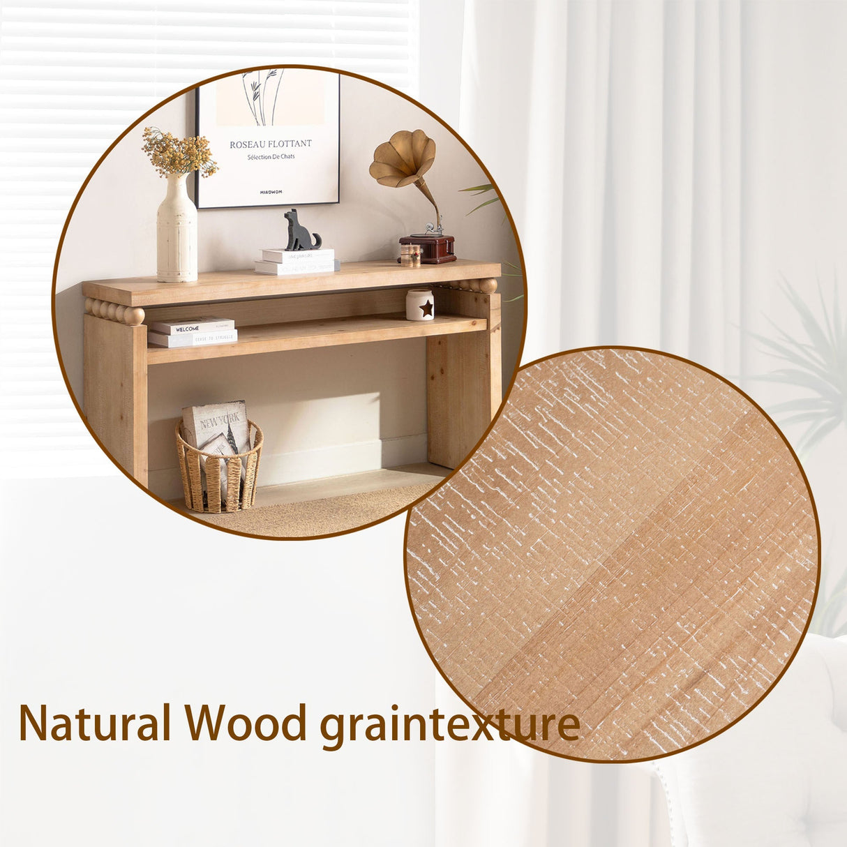 Modern Rustic Console Table – 59” Wood Entryway Table with Shelf & Decorative Bead Detail