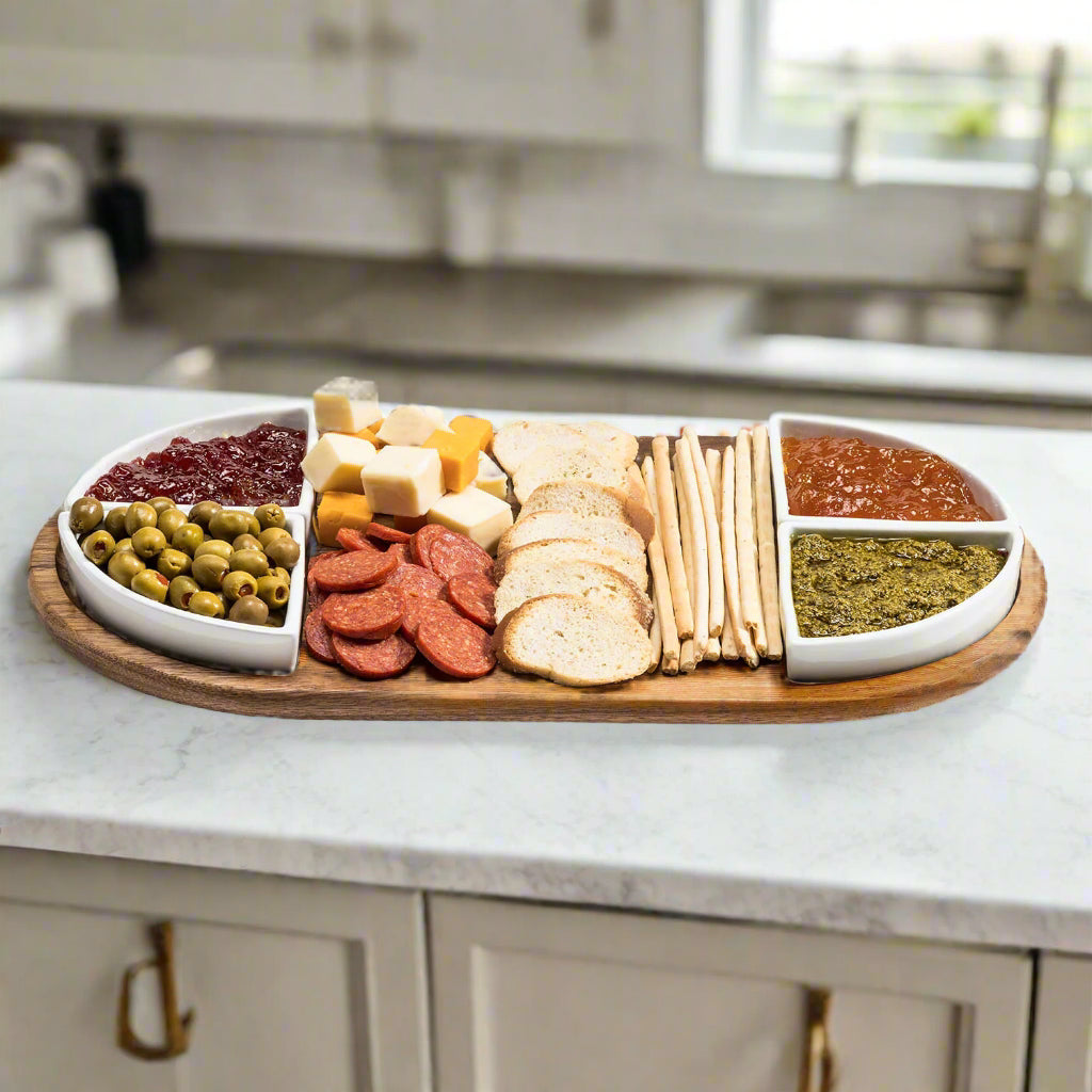 Charcuterie-/-Serving-Tray-w/-4-Triangular-Ceramic-Bowls-Serving-Tray