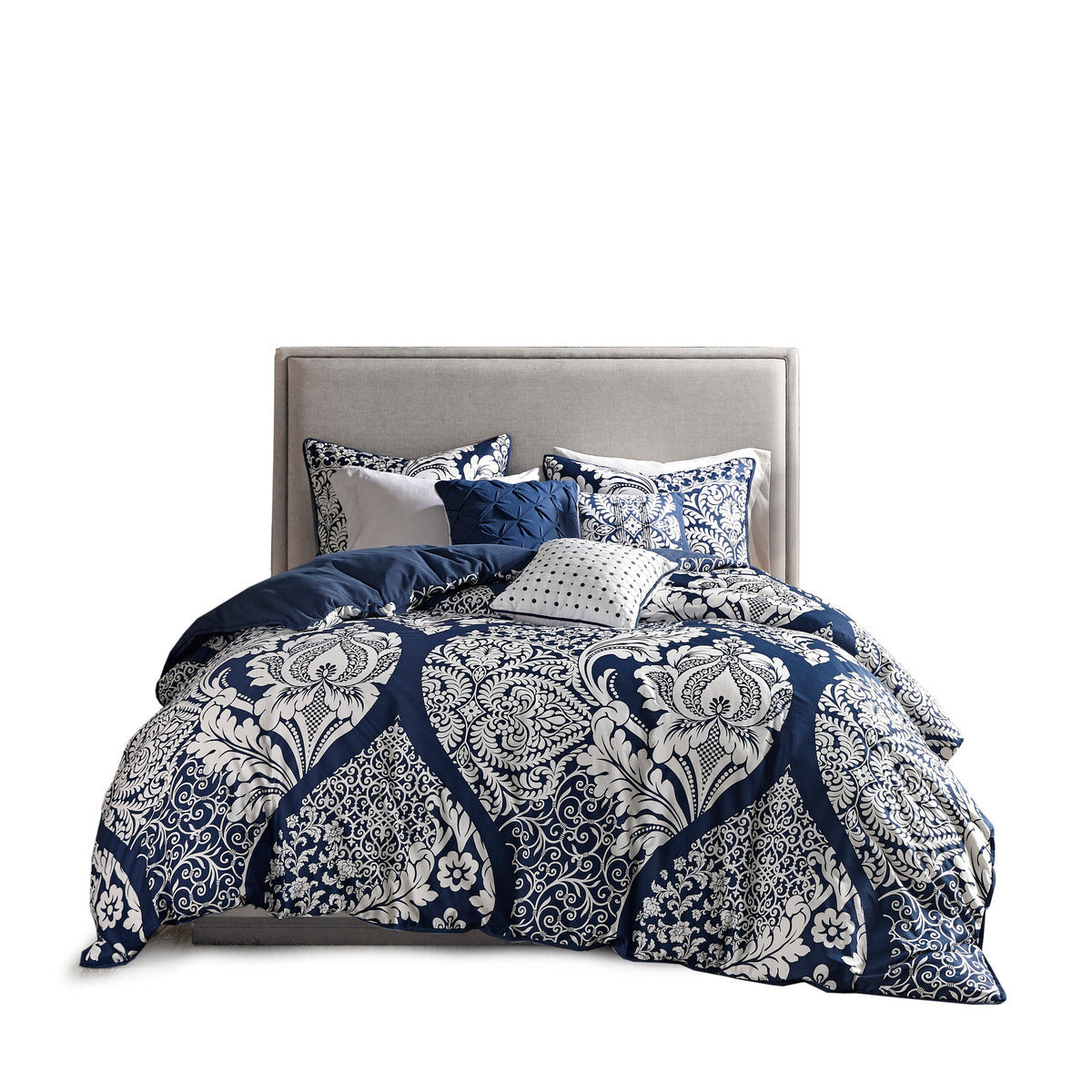 7 Piece Cotton Printed Comforter Set - Indigo - Cal King