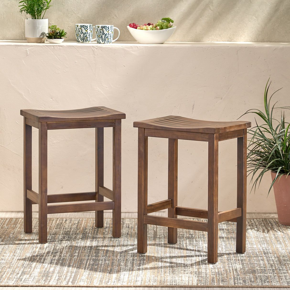 Outdoor Acacia Wood Counter Height Barstool, Set of 2