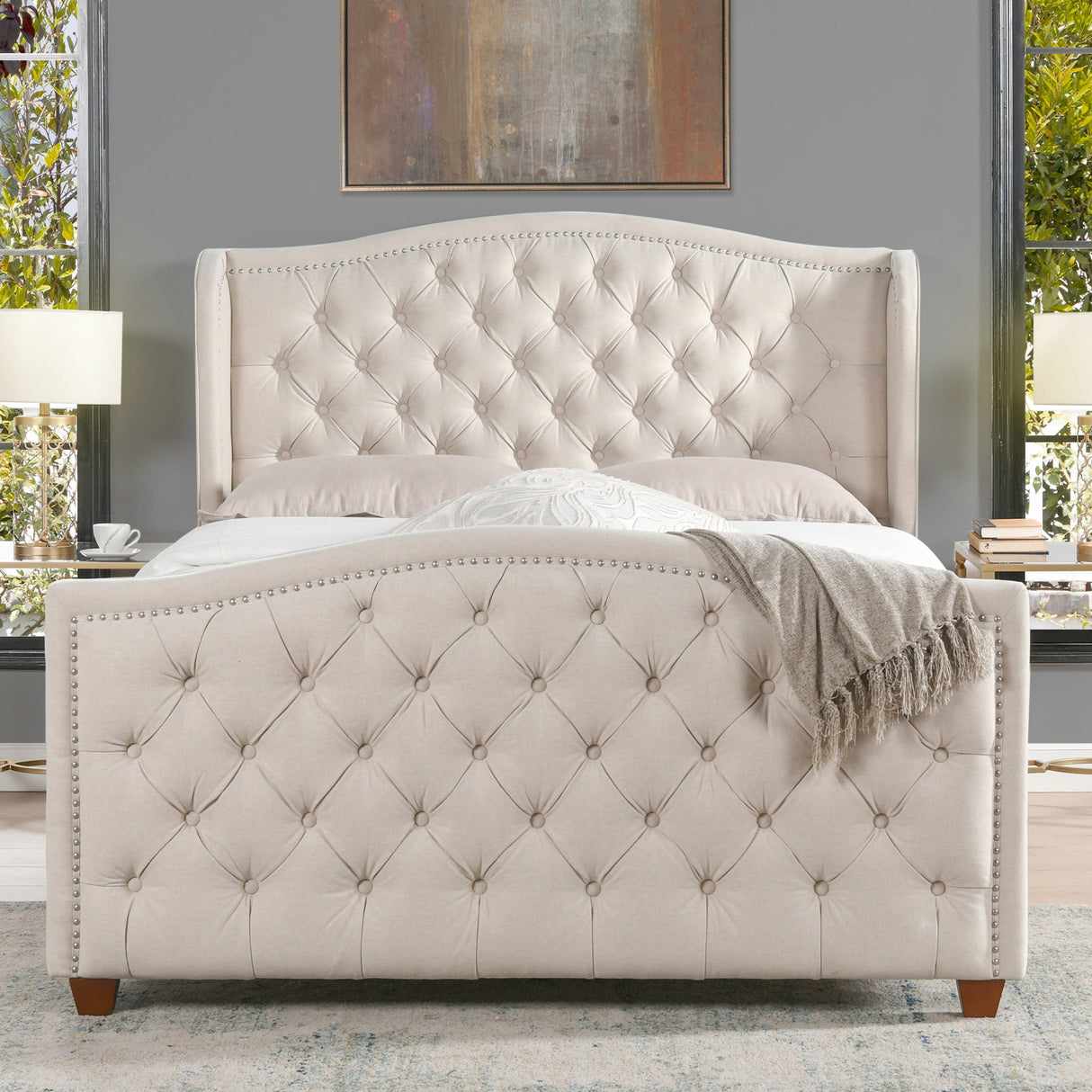 Marcella Upholstered Shelter Headboard Bed Set, Queen, Sky Neutral Beige Polyester