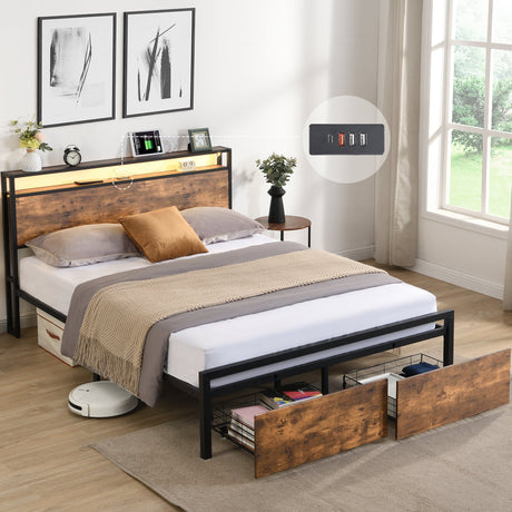 Full-Size-Bed-Frame-with-Storage,-LED-Headboard-&-USB-Port-Beds-&-Bed-Frames