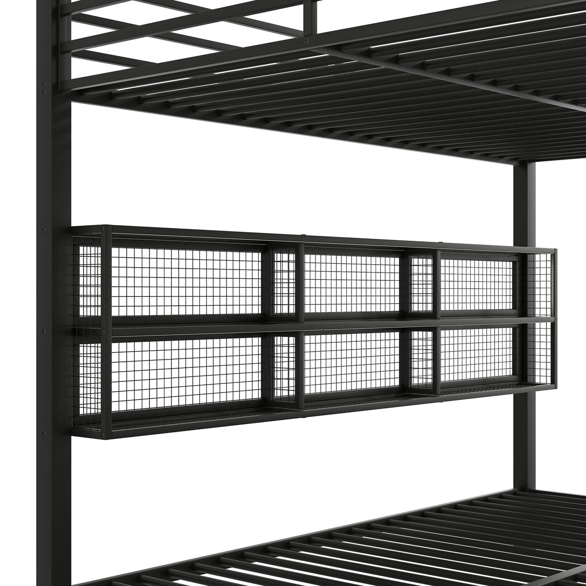 Queen Over Queen Bunk Bed With Storage Cabinets And LED Sturdy Frame, 6 Storage Units, Adjustable LED Lights - Black