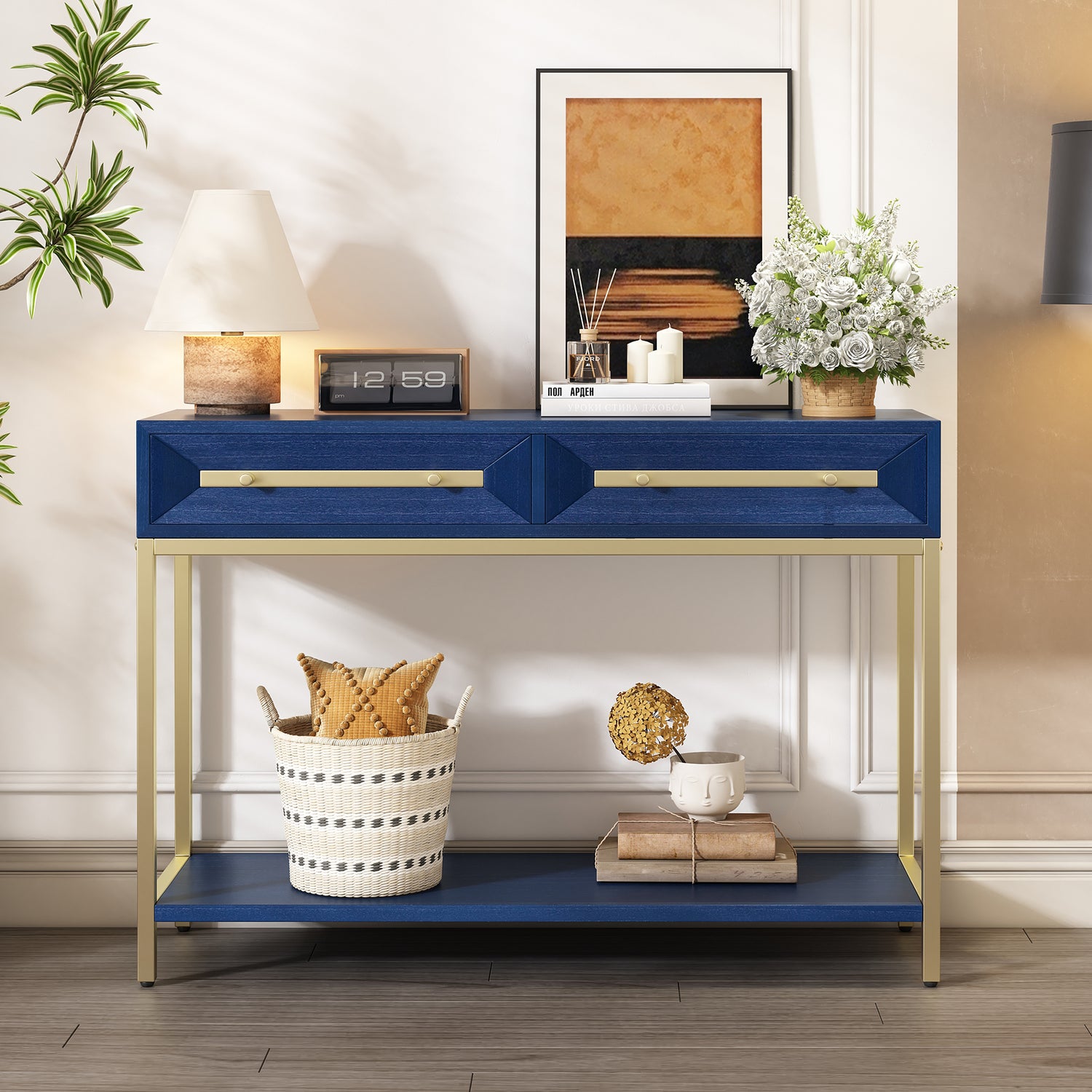 Narrow Console Table with Marble-Effect Top (Antique White)