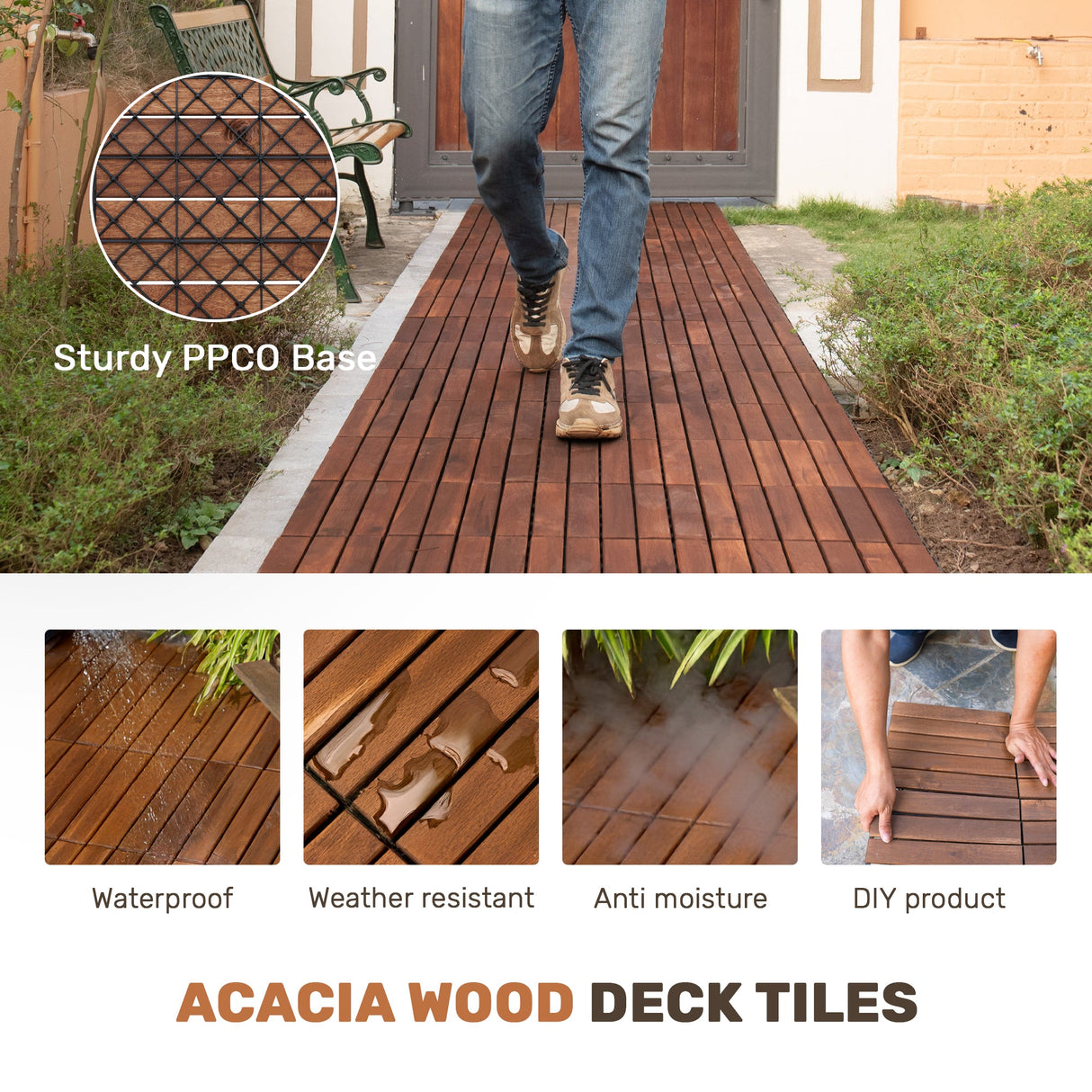 10 PCS Interlocking Acacia Hardwood Deck Tiles