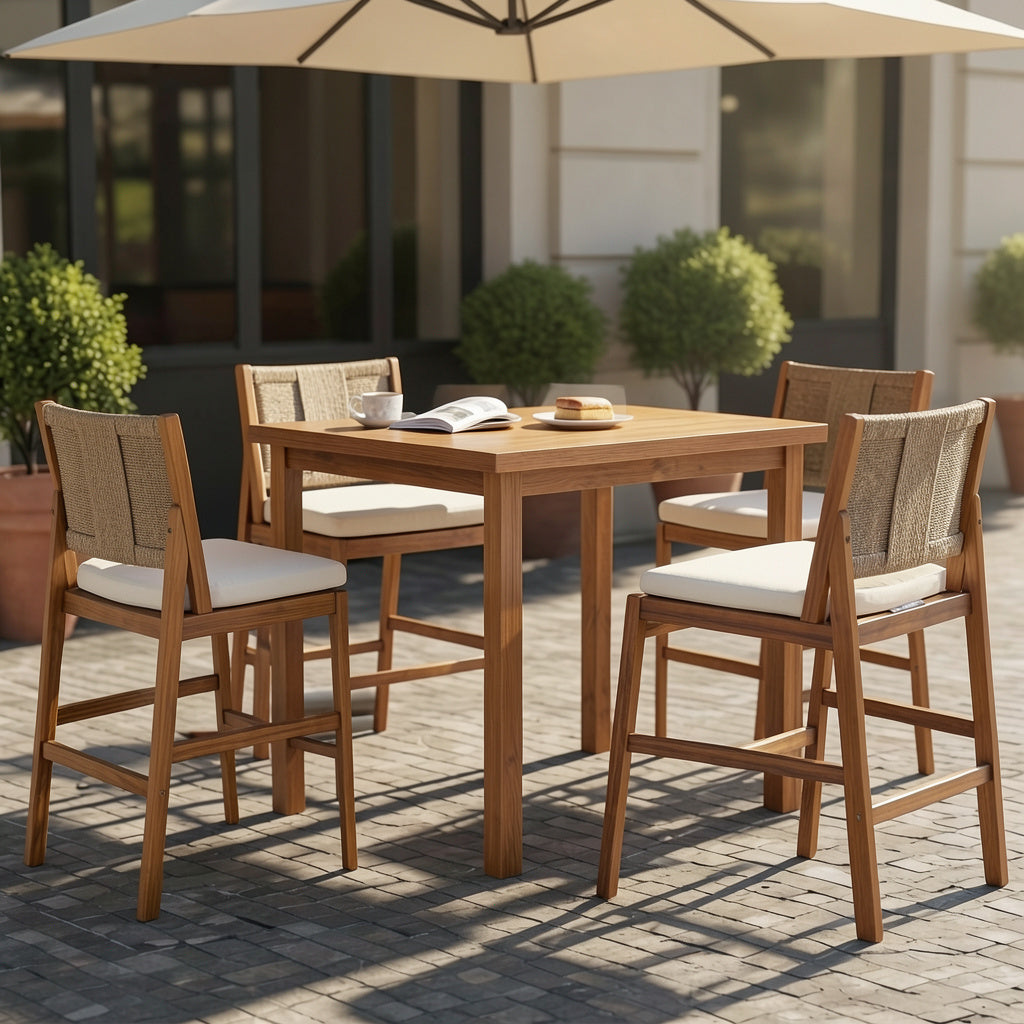 4 Pieces Natural Outdoor Bar Stool Set - Solid Acacia Wood and Woven Wicker