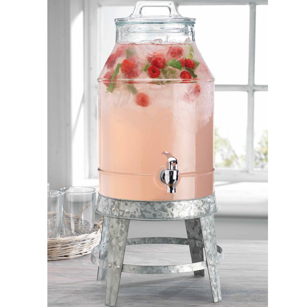 Farmhouse-Style-3-Gallon-Beverage-Dispenser-On-Galvanized-Stand-Bar-&-Beverage-Accessories
