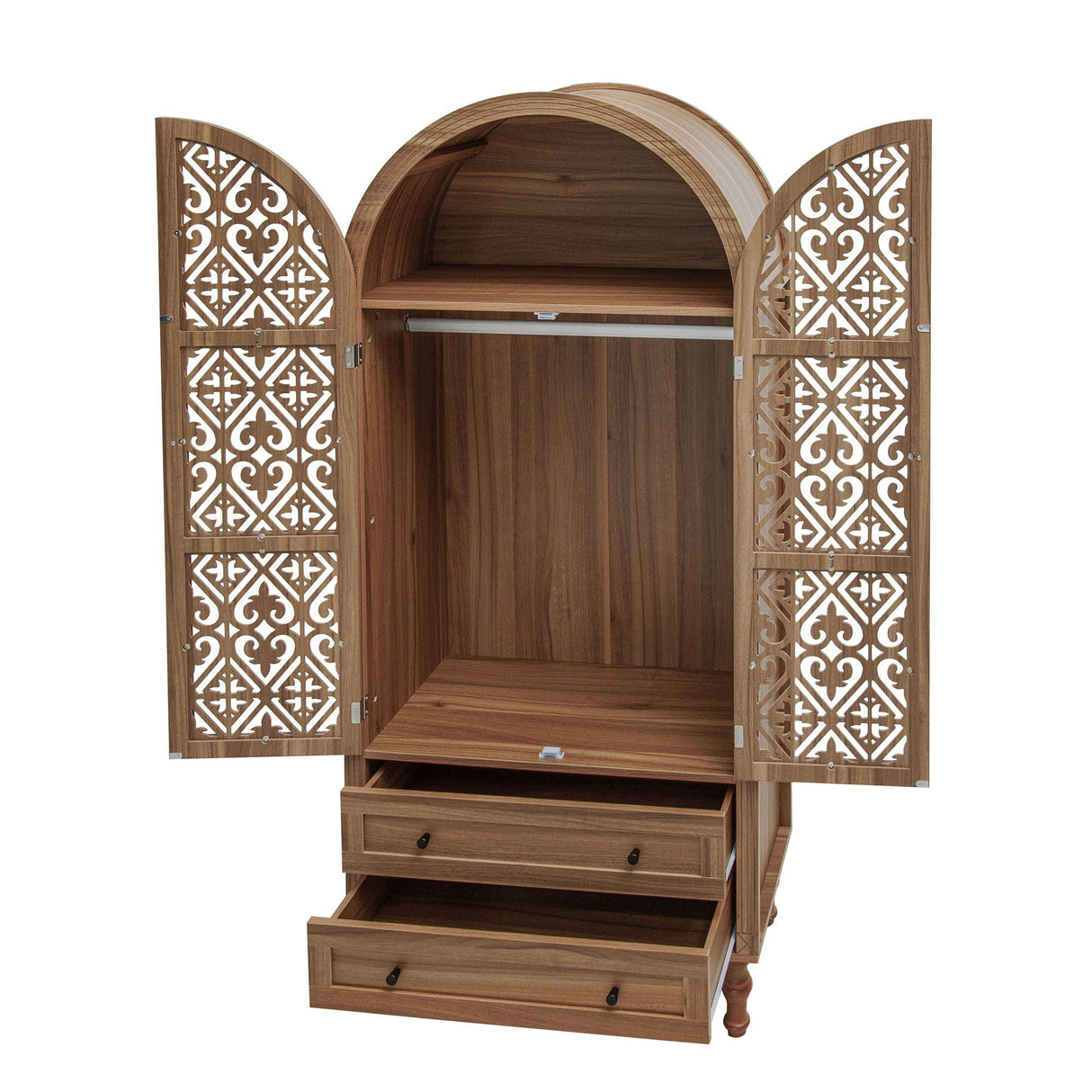 Tall Kitchen Pantry Cabinet With Hollow Carved Doors 2 Drawers And Adjustable Shelves Storage Display Cabinet For Kitchen Dining Room Or Living Room - Walnut