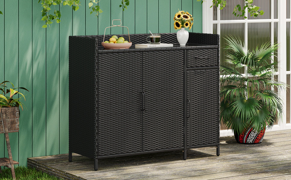 K&K 47.5"W Wicker Outdoor Storage Cabinet with Tempered Glass Desktop