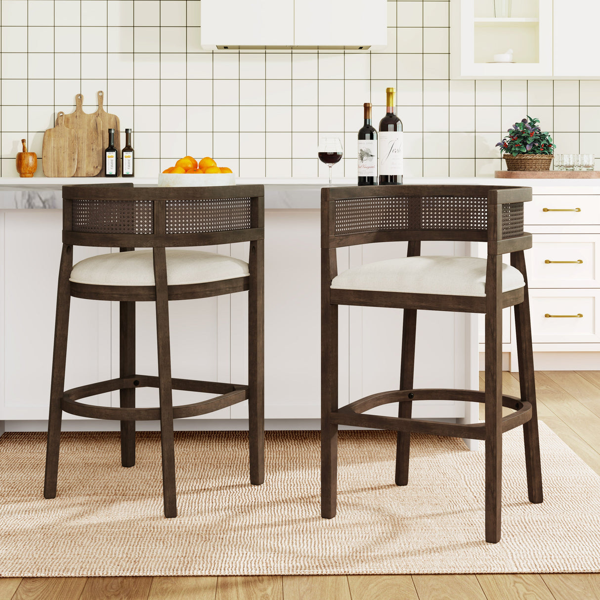 Wood And Rattan Upholstered Arm Bar Stools, Set of 2