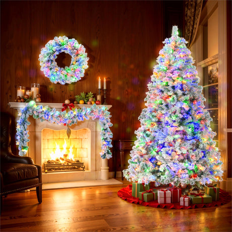 6FT-Snow-Flocked-Christmas-Tree,-Pre-Lit-Set-with-Tree-&-Garland-&-Wreath,-Artificial-Hinged-Xmas-Tree-with-Colorful-LED-Lights-Christmas-Tree