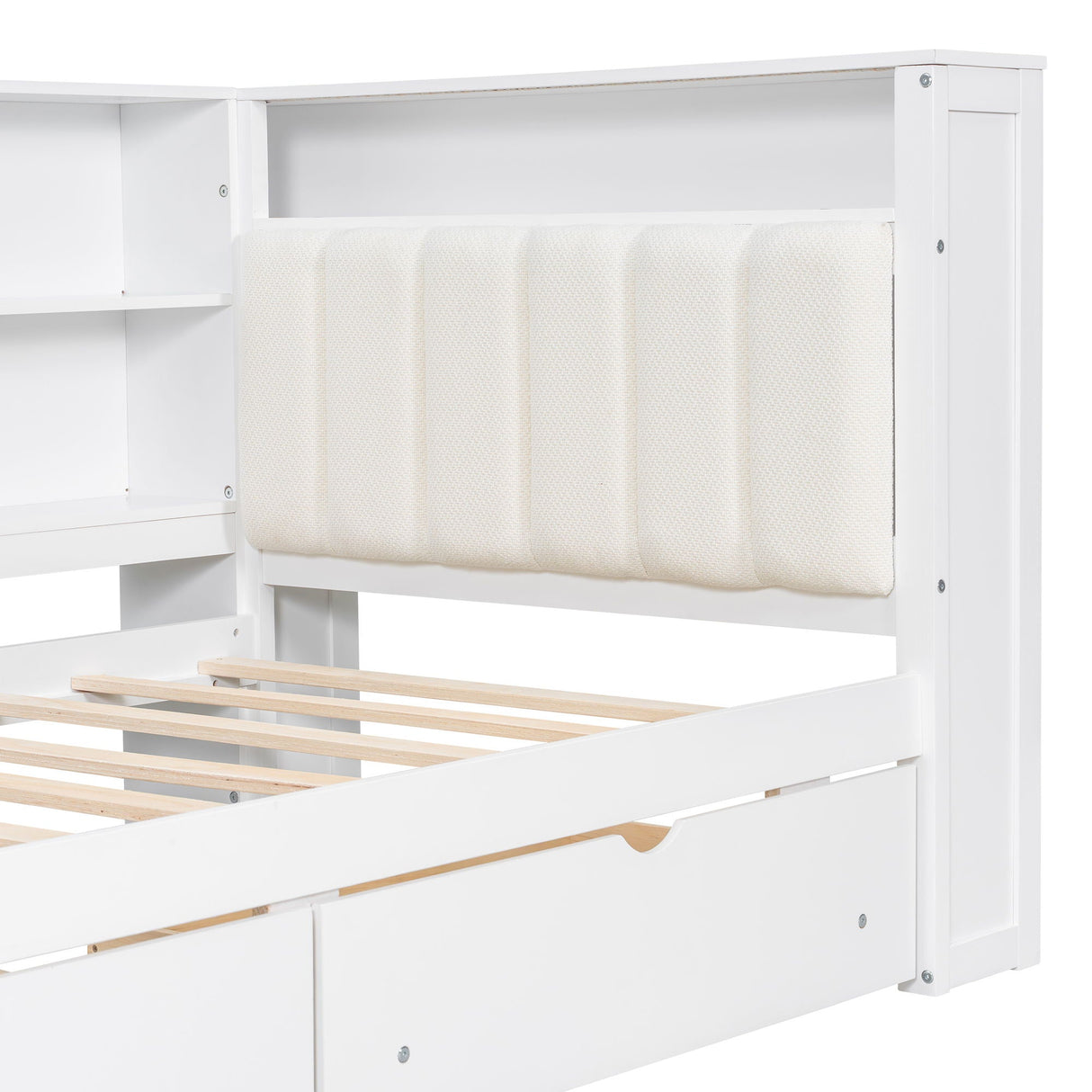 Platform Bed With Upholstered Headboard, Storage Shelves, Drawers, Charging Station, LED Lighting, Built In Desk