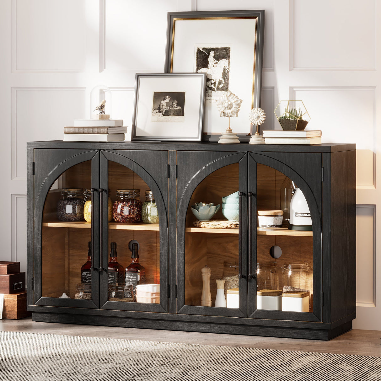 4-Door Large Storage Sideboard Buffet Cabinet with Glass Doors (Black)