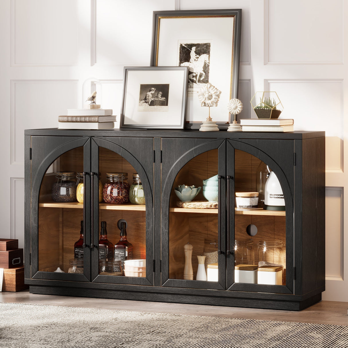 4-Door Large Storage Sideboard Buffet Cabinet with Glass Doors (Black)