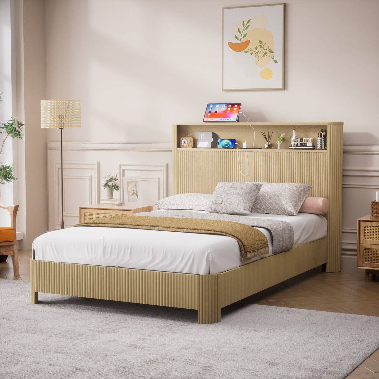 Full Extra Long Bed Frame with Storage Headboard