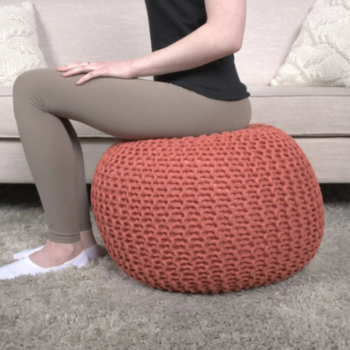 Bordeaux Knitted Cotton Round Pouf Ottoman Floor Cushion