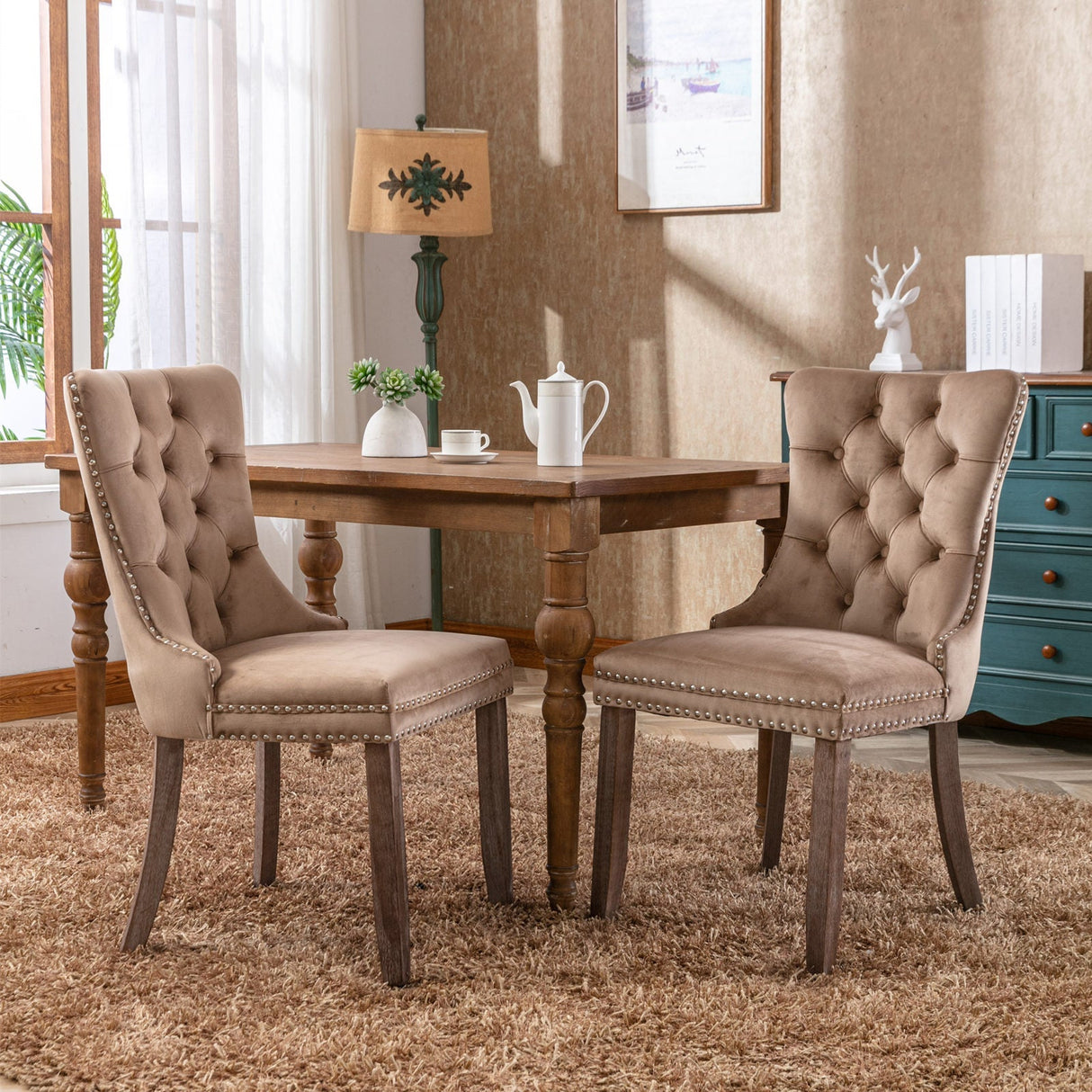 Nikki Collection Modern Tufted Velvet Upholstered Dining Chair - 2 Pieces, Khaki