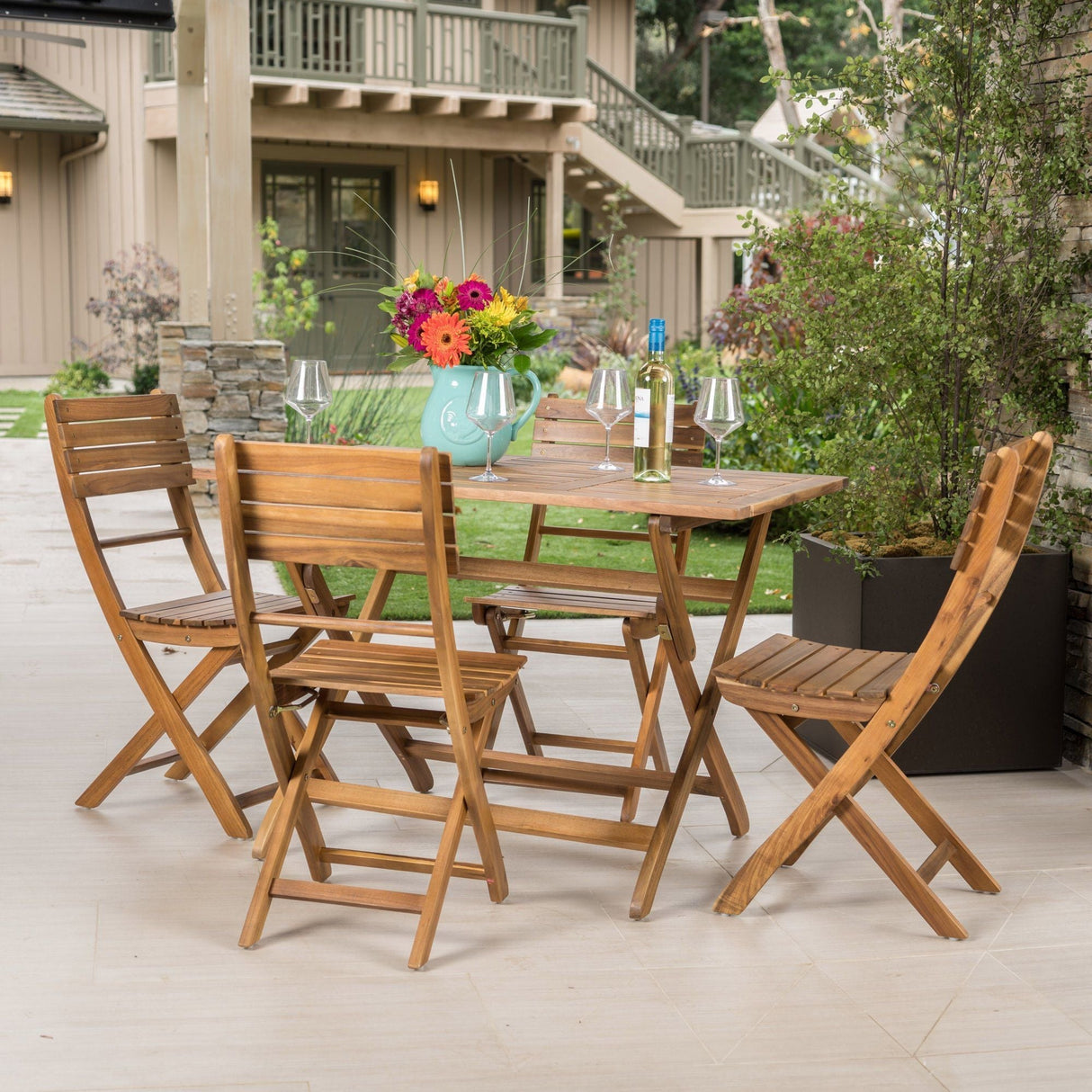 Natural 5-Piece Wood Outdoor Patio Dining Set - Natural Stained