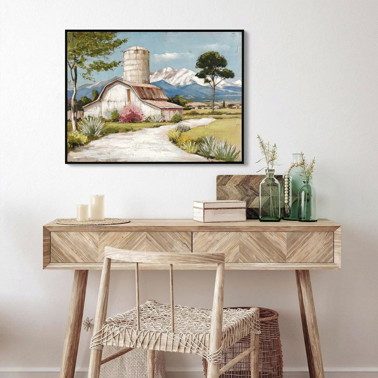 Framed Rustic Farmhouse Canvas Wall Art Beautiful Field Painting Wildflower Barn Print Nature Scenery Picture French Countryside Poster for Bathroom Bedroom Living Room Office Wall Decor 32x24in