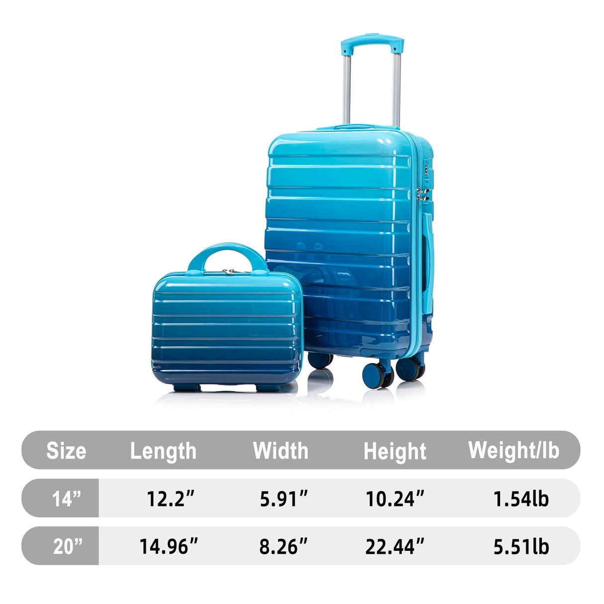 14'/20' 2 pcs/set PC Spinner Wheel Luggage with Gradient Color and Lock