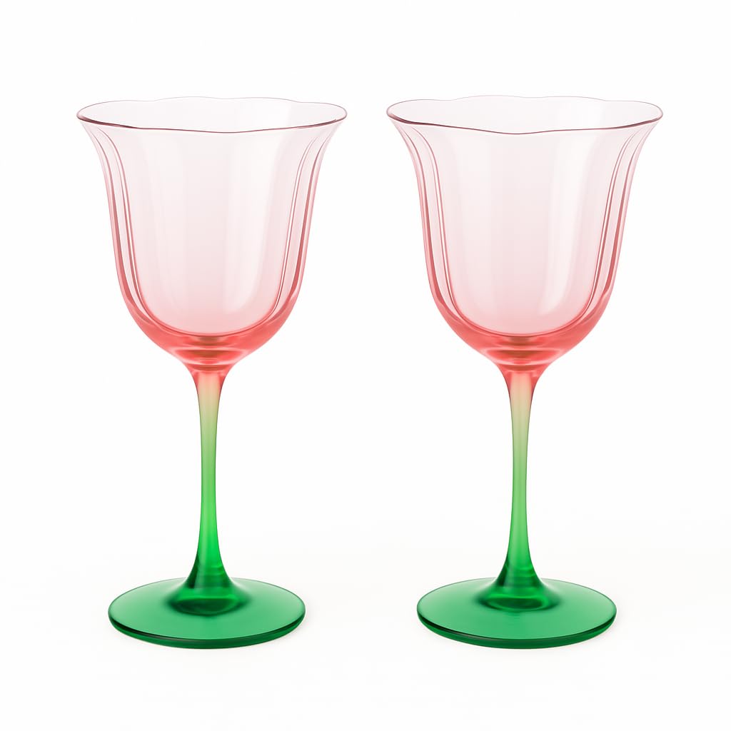 Khen Blossom Pink Tulip Wine Glasses Set of 2, Hand Blown Colored Crystal