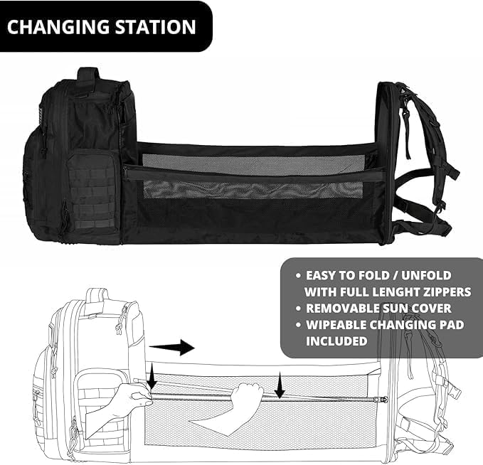 Phil & Jack Dad Diaper Bag Backpack, Baby Diaper Bag with Changing Station, Tactical Military Style, Womens Mens Diaper Bag (Black)