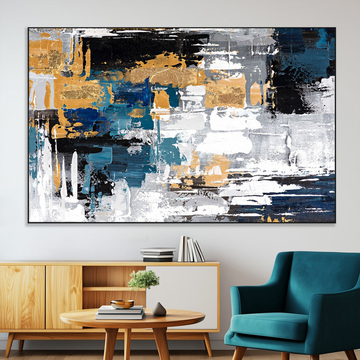 Blue and Gold Abstract Canvas Wall Art – Triptych Modern