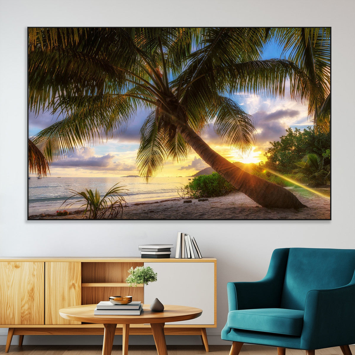 Tropical Island Sunset on the Beach Palms Wall Art Canvas