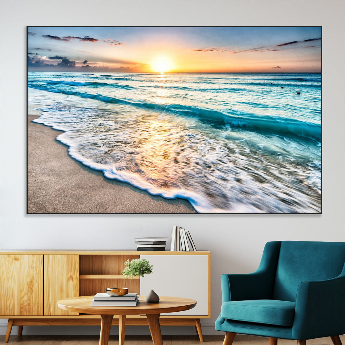 Sunset Beach Waves Canvas Wall Art – 5-Panel Ocean Sunset