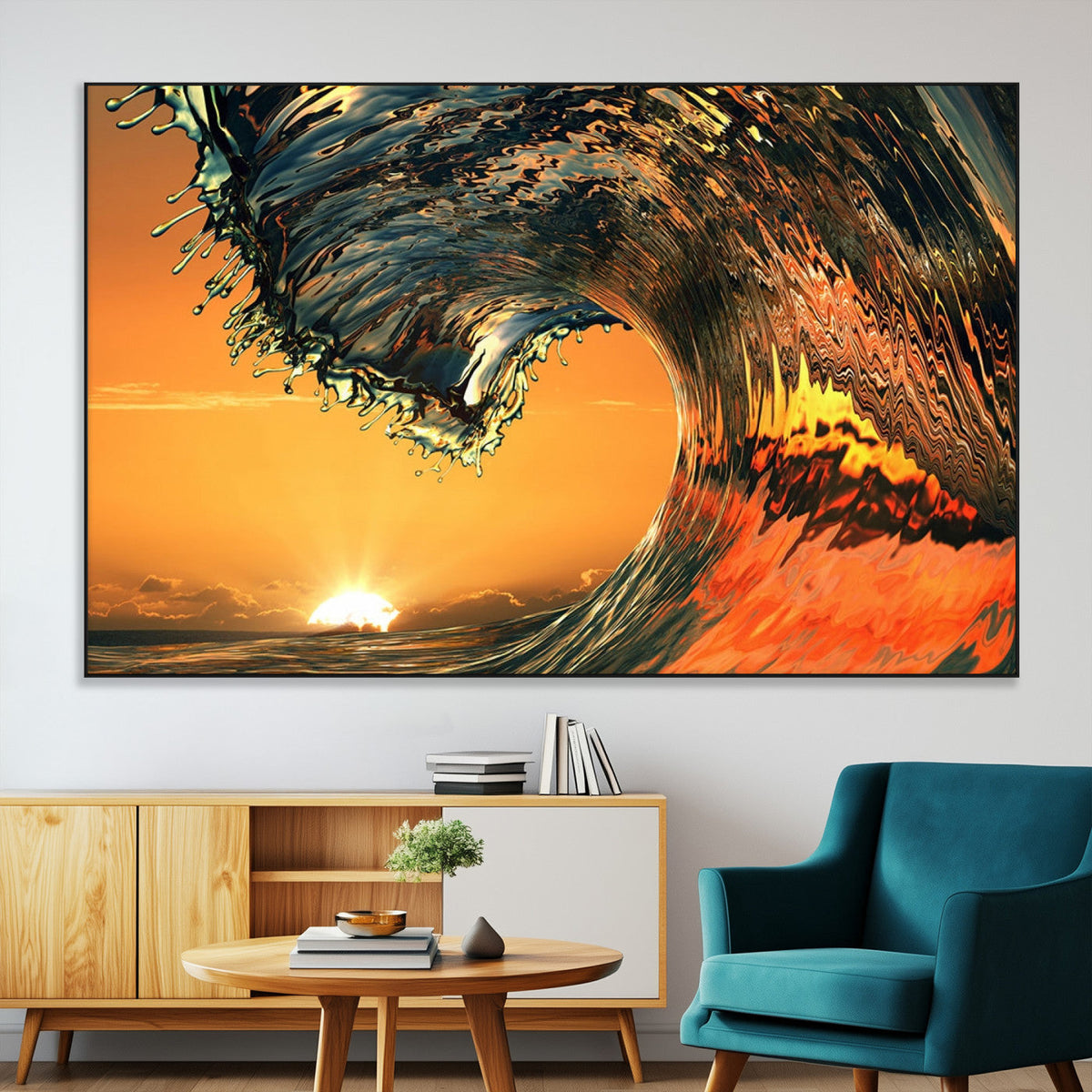 Surf Wave Sunset Canvas Wall Art Print, 3-Panel Ocean