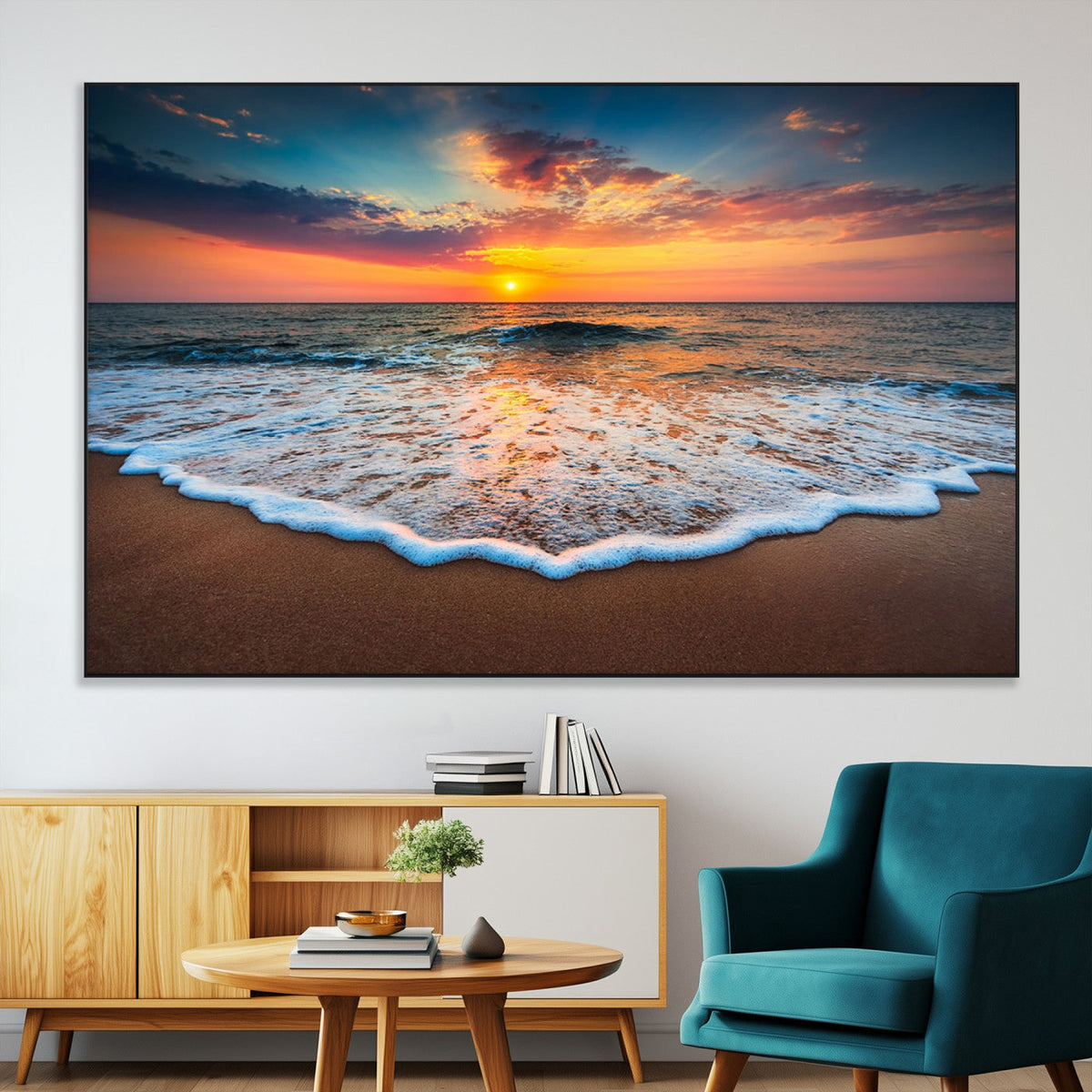 Sunset Beach Canvas Wall Art – Colorful Ocean Waves Triptych