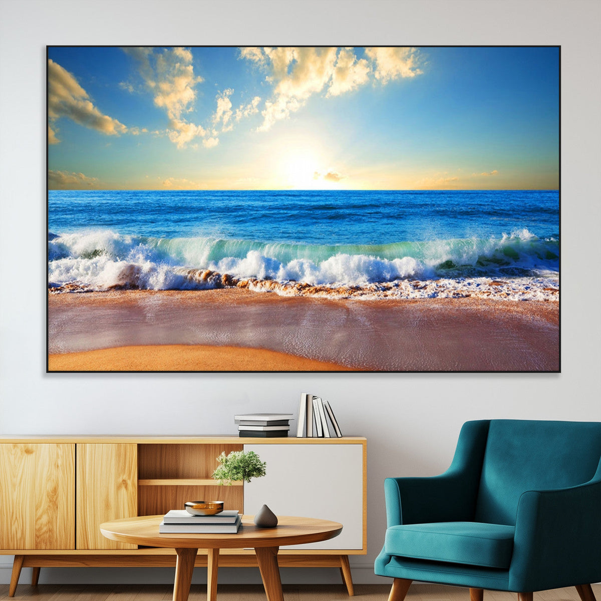 Tropical Beach Sunset Canvas Art, Ocean Waves and Sandy