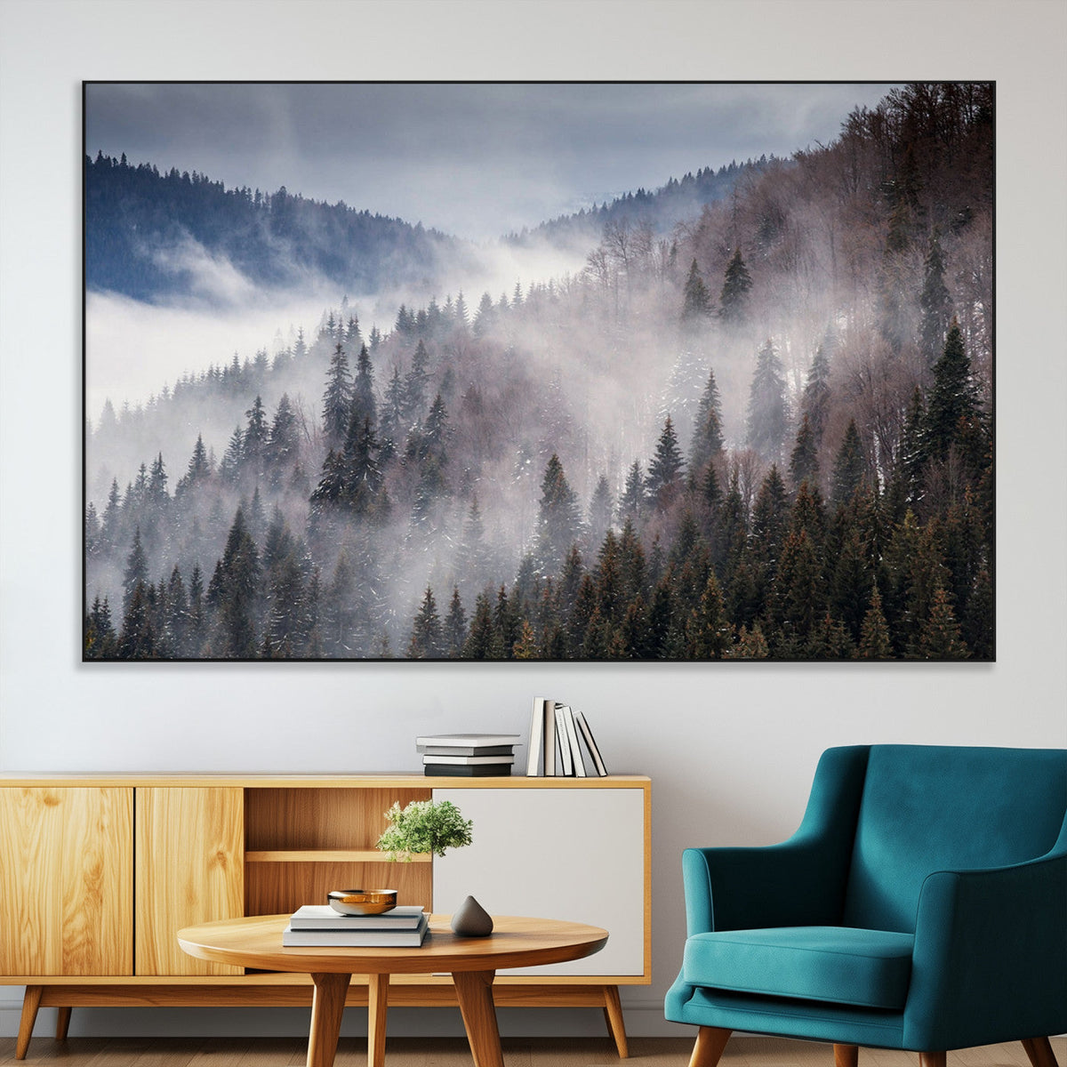 Beautiful Rising Fog in Winter Mountain Landscape- Framed