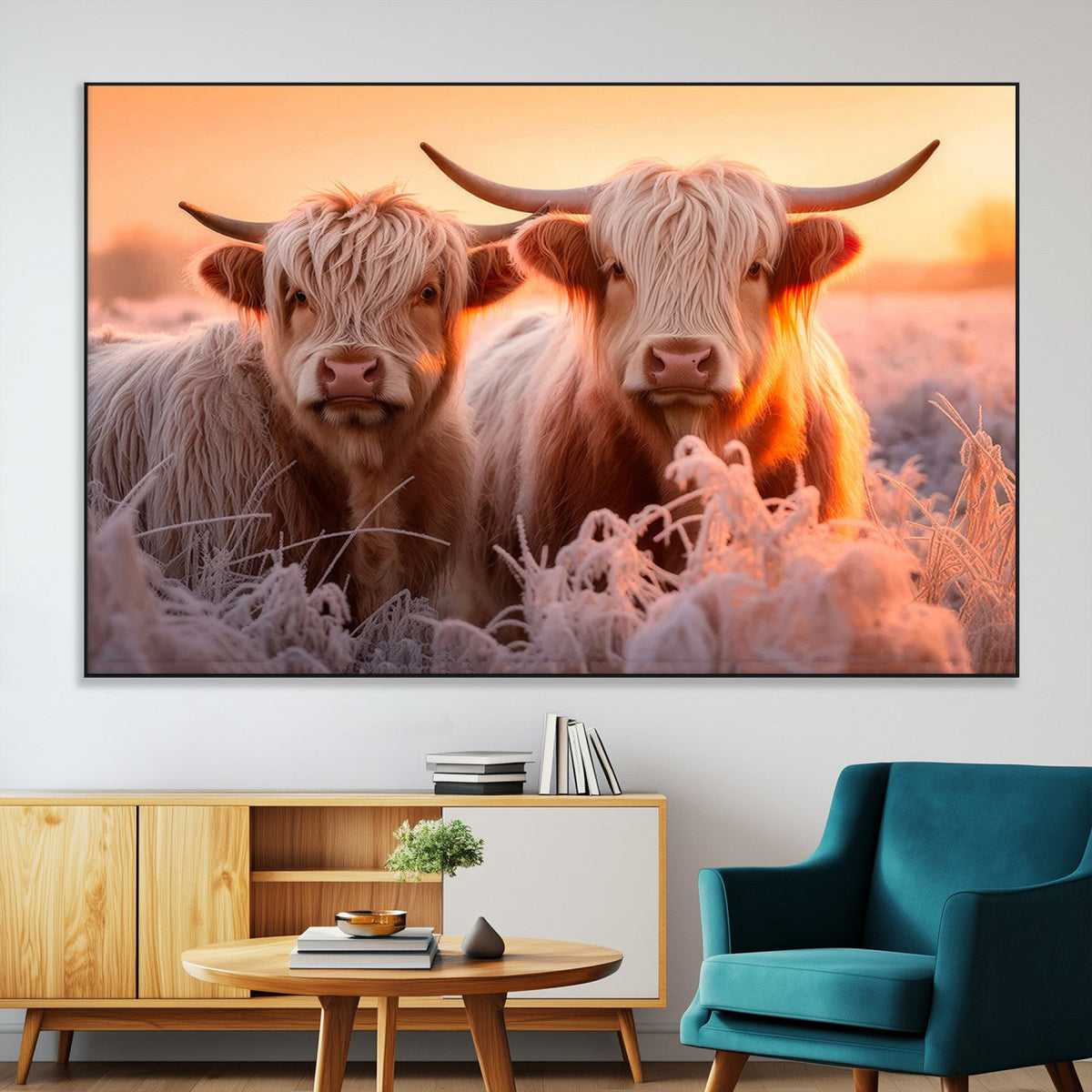 Highland Cows at Sunrise Wall Art Canvas Set – Serene and
