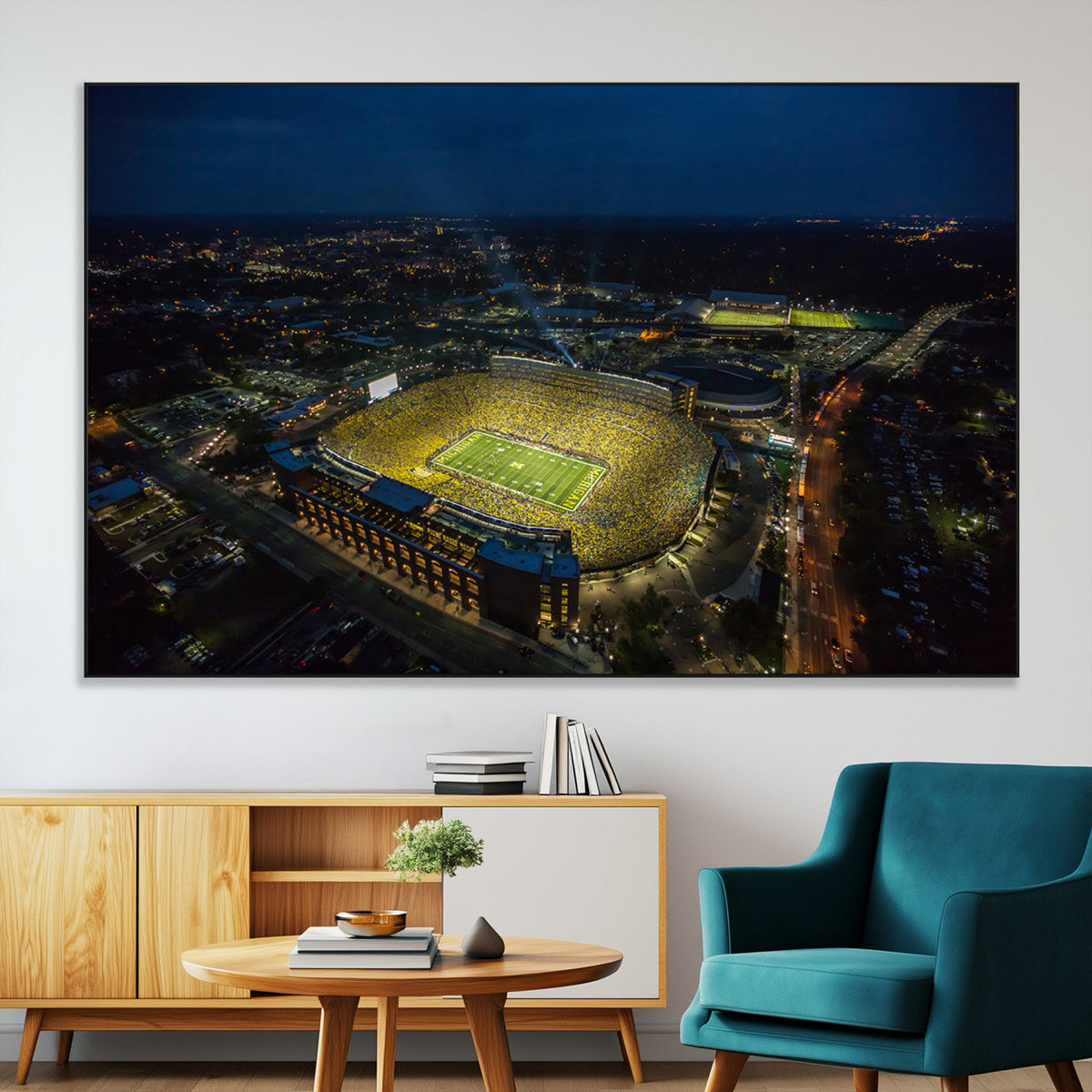 Michigan Stadium Night Game Wall Art – Sports Arena Aerial