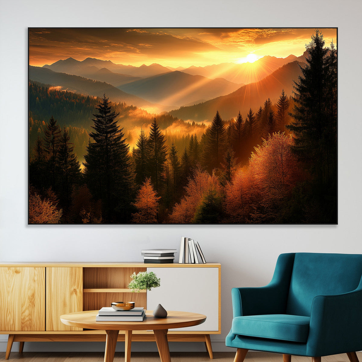 Golden Sunset Over Mountain Forest Canvas Wall Art Print -