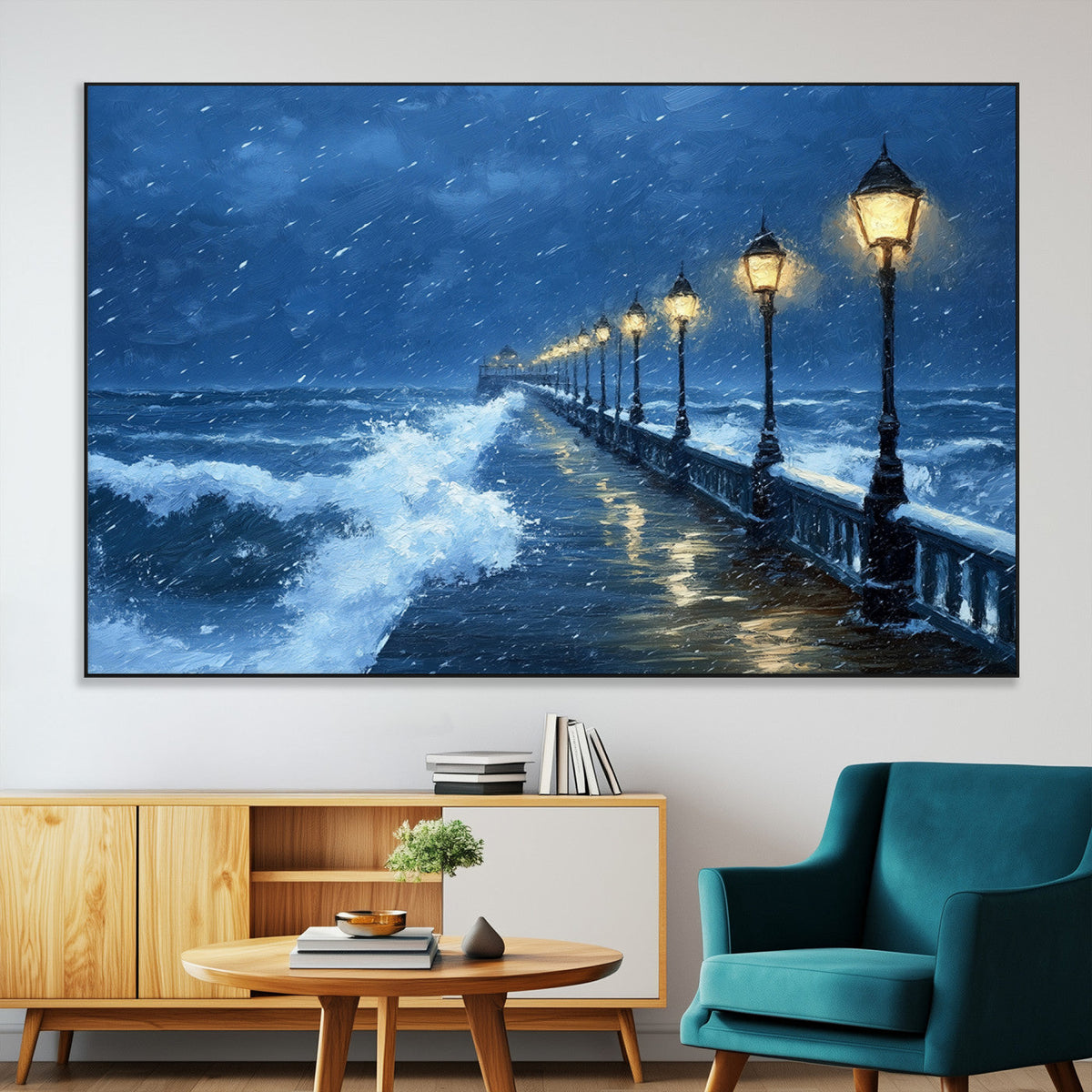 Stormy Ocean Pier Lights Canvas Wall Art Print - Large Moody