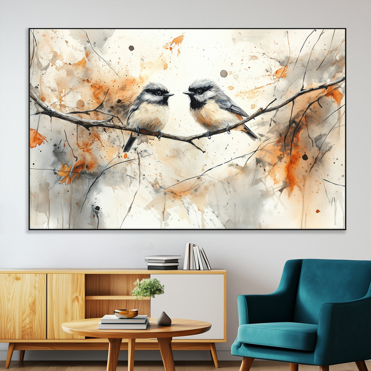 Abstract Watercolor Chickadee Bird Canvas Wall Art Print -