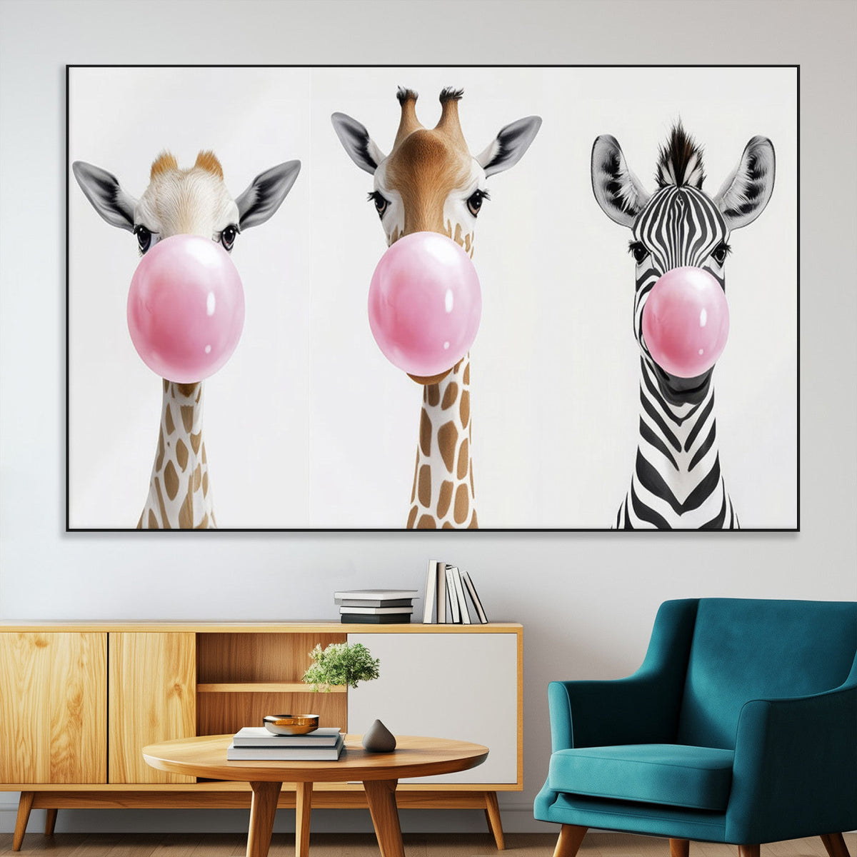 Bubblegum Animals Canvas Wall Art - Playful Giraffe and