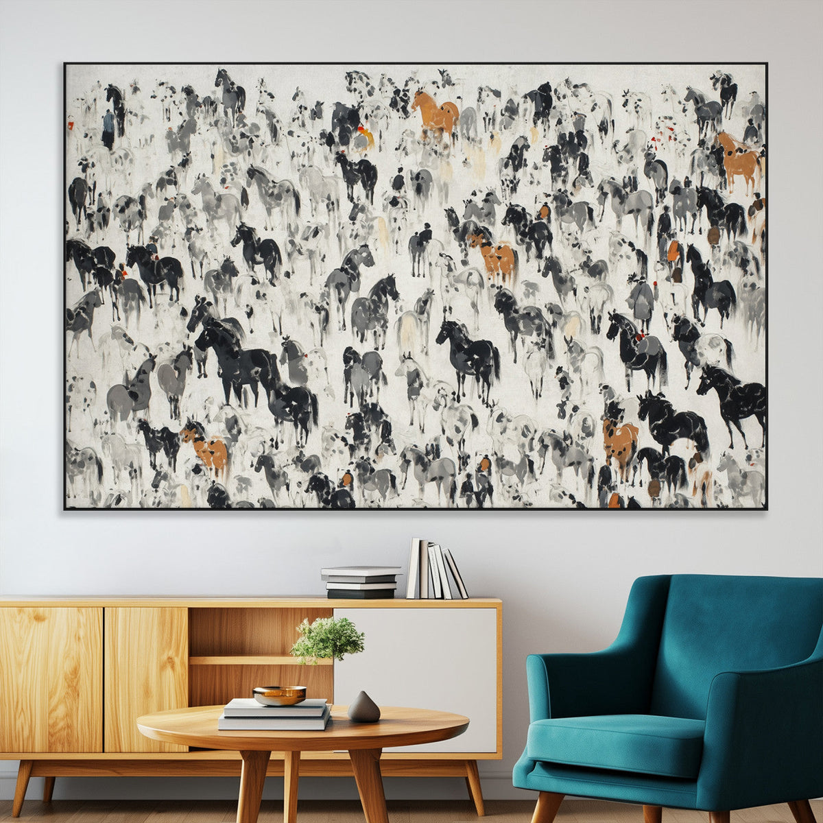 Wild Horse Stampede Wall Art Canvas Print – Monochrome