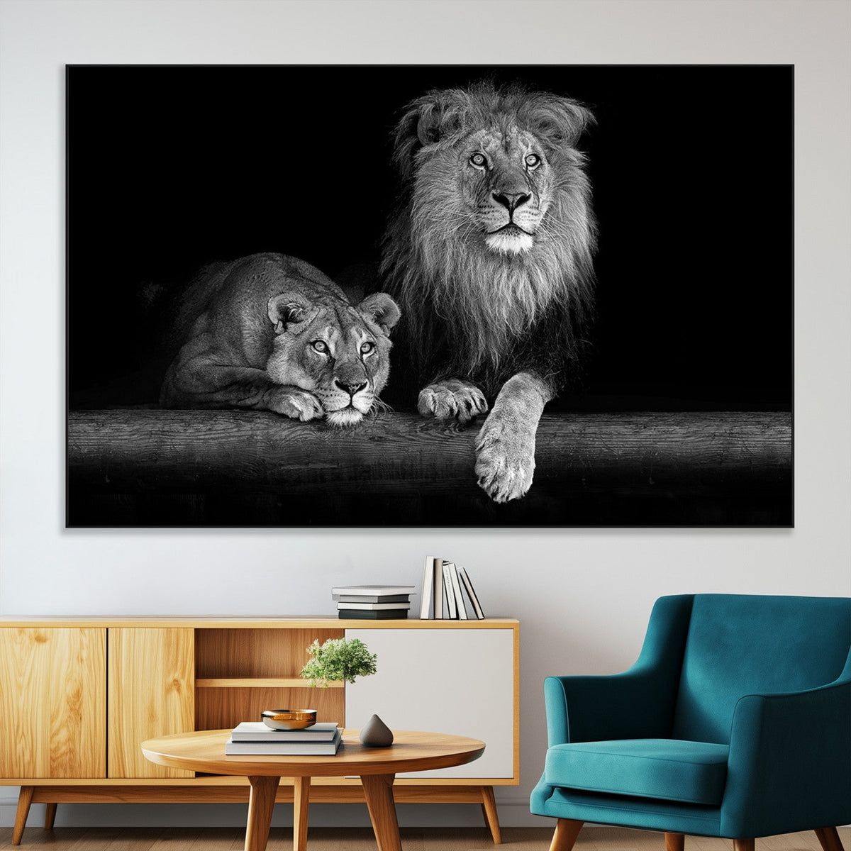 Large Black and White Lion Couple Wall Art Canvas Print –