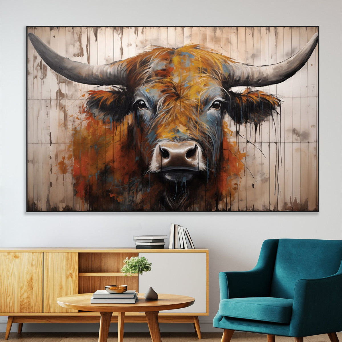 Abstract Bull Highland Cow Canvas Wall Art Print – Vibrant