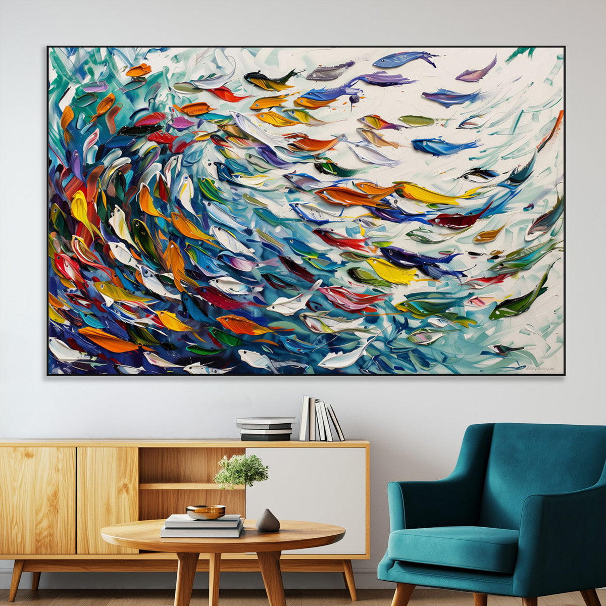 Modern Abstract Fish Shoal Wall Art Canvas Print, Colorful