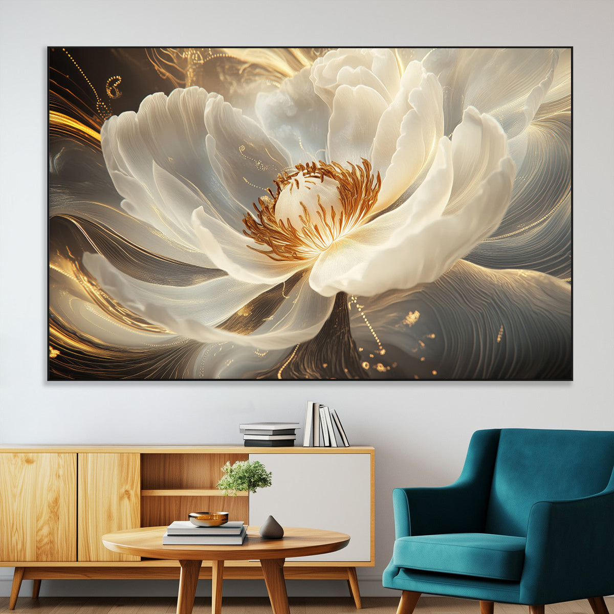 Gold Floral Wall Art Canvas Print, Framed Modern Flower Art