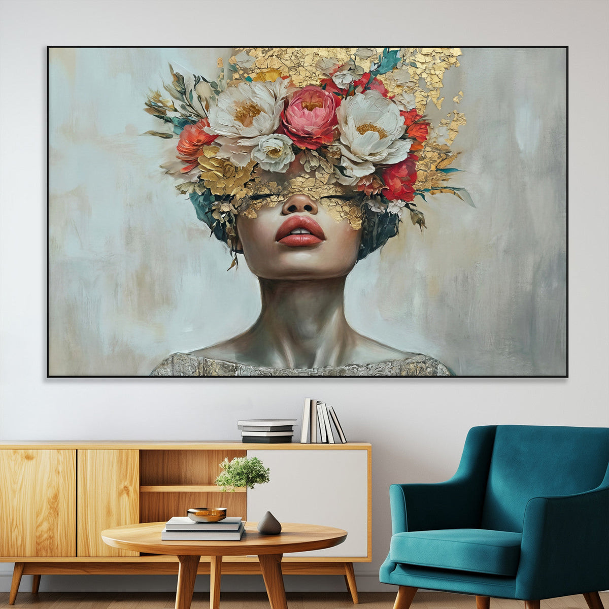Golden Petal Wall Art Canvas Print - Silhouette Woman Wall